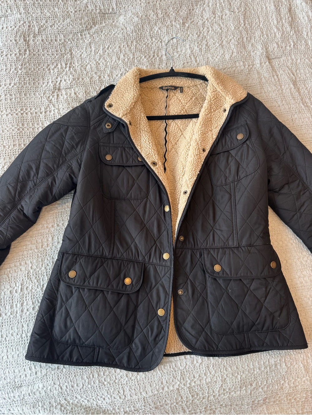 Barbour Black Quilted Jacket with Cream Sherpa Lining